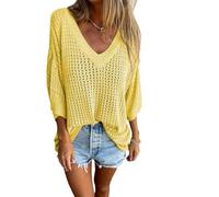 LIUYUYOUGO Blusen Damen Häkeltop Für Damen In Großen Größen 3/4 Ärmel V Ausschnitt Boho Stil Strandkleid Stricktop Aus Mesh Größe S 5XL Gelb 3XL