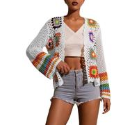 LIUYUYOUGO Bolero Damen Jacke Häkel Cardigan Für Damen Mit Blumenmuster Handgefertigt Ausgehöhlt Kurze Strickjacken Boho Stil Quadratisches Blumenmuster Leichte Mäntel Sommer Ausgestellte Ärmel