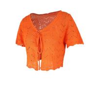 LIUYUYOUGO Bolero Damen Jacke Häkel Cardigans Für Damen Vorne Zu Binden Kurze Boleros Shrug Jacke Sexy Kurzärmlige Ausgehöhlte Strick Crop Tops Leichte Sommer Strickshirts Oberteile Orange L