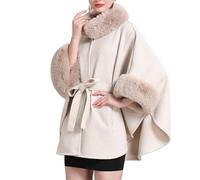 LIUYUYOUGO Cape Damen Kunstpelz Wickelschal Damen Große Cape Stola Mit Pelzkragen Gürtel Strickponcho Mantel Eleganter Warmer Strickjacke Pullover Winter Wollmantel Ruana Umhang Beige