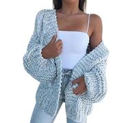 LIUYUYOUGO Cardigan Damen Damen Grobstrick Strickjacken Mode Plus Größe Lose Einfarbig Hellblau Open Front Pullover Strickjacke Herbst Winter Elegant Weich Langarm Strick Oberbekleidung Jacke Mant