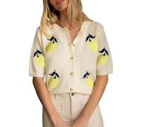 LIUYUYOUGO Cardigan Damen Elegant Damen Kurzarm Strickjacke Kurze Shrugs Weiße Zitrone Grafik Gestrickter Bolero Pullover Tops Modischer Langarm Pullover Mit Rundhalsausschnitt Oberbekleidung Für