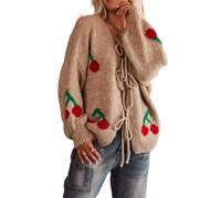 LIUYUYOUGO Cardigan Damen Elegant Damen Y2K Cardigan Pullover Mit Schleife Vorne Und Niedlicher Stickerei Kirsch Cardigans Ballonärmel Übergroße Grobe Strickwaren Oberteile Locker Warm Gestrickte