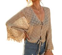 LIUYUYOUGO Cardigan Damen Elegant Häkel Cardigans Für Damen Vorne Zum Binden Quasten Fransen Glockenärmel Shrug Bolero Oberteil Sexy Hohler Rhombischer Schal Sommer Strand Bikini Überzug Boho Hi