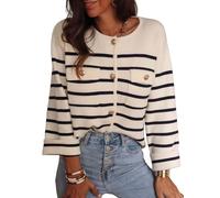 LIUYUYOUGO Cardigan Damen Gestreifte Strickjacke Für Damen Mit Goldenen Knöpfen Beige Eleganter Rundhals Strickpullover Langärmelig Französischer Klassischer Pullovermantel Kurze Strickjacken Mi