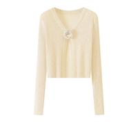 LIUYUYOUGO Cardigan Damen Gestrickter Bolero Shrug Für Damen Sommer Langärmelig V Ausschnitt Gestrickt Kurze Strickjacke Süße 3D Blumen Shrug Jacke Gerippte Strickoberteile Leichtes Kleid Zum Ü