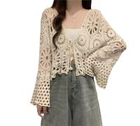 LIUYUYOUGO Cardigan Damen Häkel Cardigans Für Damen Ausgehöhlt Gestrickter Bolero Shrug Strickjacke Mit Bindeband Vorne Ausgestellte Ärmel Vintage Boho Blumenmuster Strick Bolero Oberteile Leich