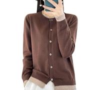 LIUYUYOUGO Cardigan Damen,Leichter Rundhals Cardigan Für Damen Kontrastfarbener Spleißpullover Langärmliger Offener Cardigan Vorne Lockerer Weicher Herbst Strickpullover Oberteile Kaffee M