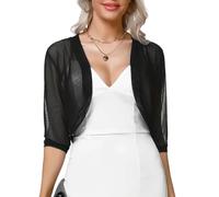 LIUYUYOUGO Cardigan Damen Sommer, Damen Chiffon Achselzucken Einfarbig 3/4 Ärmel Vorne Offen Kurze Strickjacke Leichte Festival Jacke Gebogene Elegante Strickjacke Bolero Jacke Netzstoff Überzug F