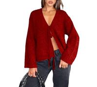 LIUYUYOUGO Cardigan Damen Strickjacken Zum Binden Vorne Für Damen Eleganter V Ausschnitt Gerippter Strick Langärmeliges Pullover Oberteil Modisch Einfarbig Lockerer Strickpullover Mantel Alltags U
