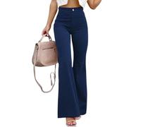LIUYUYOUGO Cord Baumwollhose Für Damen Vintage Einfarbig Elastisch Hohe Taille Palazzo Hose Elegant Schmal Schlaghose Herbst Damen Weites Bein Schlaghose Lange Hose Y2K Streetwear Marineblau XL