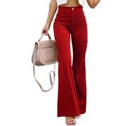 LIUYUYOUGO Cord Baumwollhose Für Damen Vintage Einfarbig Elastisch Hohe Taille Palazzo Hose Elegant Schmal Schlaghose Herbst Damen Weites Bein Schlaghose Lange Hose Y2K Streetwear Burgunderrot M