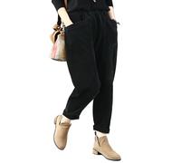 LIUYUYOUGO Cord Baumwollhose Für Damen Vintage Elastische High Wasit Haremshose Mit Weitem Bein Herbst Winter Baggy Spleißtaschen Palazzo Hose Freizeithose Unterteil Schwarz L