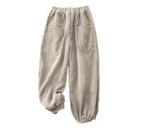 LIUYUYOUGO Cord Baumwollhose Für Damen Vintage Elastische High Wasit Haremshose Mit Weitem Bein Herbst Winter Baggy Spleißtaschen Palazzo Hose Freizeithose Hose Aprikose S