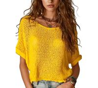LIUYUYOUGO Damen Bluse Damen Crop Top Mit Netzmuster Und Häkeldetails Kurzärmelig Durchbrochener Strickpullover Lockeres Sommer Boho T Shirt Durchsichtig Gelb Größe L