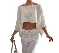 LIUYUYOUGO Damen Bluse Damen Poncho Top Aus Transparentem Strick Y2K Stil Häkelmuster Mit Fledermausärmeln Kleine Größe Leichter Strick Shrug Sexy Durchsichtige Netzbluse Pullover Überwurf Wei