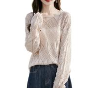 LIUYUYOUGO Damen Bluse Damen Pullover Aus Leinen Häkelspitze Langärmlig Sommerpullover Mit Rautenmuster Durchsichtiges T Shirt Trendiger Bikini Überwurf Aus Mesh Für Damen Aprikose S