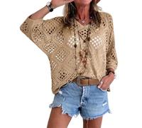 LIUYUYOUGO Damen Bluse Gehäkelte Tops Für Damen Sommer Strandüberwurf Mit Lochmuster 3/4 Ärmel Strickpullover Boho Stil Leichtes Mesh Top Urlaubskleidung Aprikose L