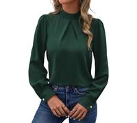 LIUYUYOUGO Damen Blusen Elegante Damenbluse Aus Satin Mit Falten Und Stehkragen Trendiges Langarm Tunika Top Einfarbig Aus Seidenacetat Smaragdgrün Größe M. Geeignet Für Business