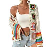 LIUYUYOUGO Damen Bolero Elegant Bolerojacke Häkel Cardigan Für Damen Mit Blumenmuster Handgefertigt Ausgehöhlt Kurze Strickjacke Boho Stil Quadratisches Blumenmuster Leichte Mäntel Sommer Ausges