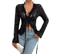 LIUYUYOUGO Damen Bolero Elegant Strickjacke,Sexy Transparenter Für Damen Eleganter Blumen Spitzen Bolero Sommer Cardigan Vorne Offen Zum Binden Leichte Jacke Lange Ärmel Rüschen