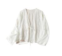 LIUYUYOUGO Damen Cardigan, Leinen Cardigans Für Damen Vintage Stickerei Shrug Bolero Cardigans Vorne Offen Cape Top Baggy Langarm Bluse Tops Leichte Jacke Hemden Mantel Weiß XL