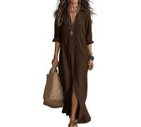 LIUYUYOUGO Damen Kleid Damen Hemdkleid Aus Baumwoll Leinen Mischgewebe Mit Knopfleiste Übergröße 3/4 Ärmel Maxikleid Lässiges Lockeres Langes Blusenkleid Mit Schlitz Sommerkleid Für Strandurla