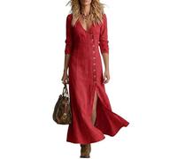 LIUYUYOUGO Damen Kleid Damen Maxikleid Aus Baumwoll Leinen Langärmelig Geknöpft Kaftan Mit Seitenschlitz Elegantem Figurbetontem V Ausschnitt Strandkleid Im Retro Western Stil Ziegelrot Größe Xs