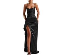 LIUYUYOUGO Damen Kleid Damen Spaghettiträger Satin Ballkleider Sexy Slim Fit Gerafftes Ärmelloses Brautjungfernkleid Seitenschlitz Elegant Langes Maxi Sommerkleid Abendparty Hochzeitsgastkleider S