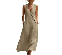 LIUYUYOUGO Damen Kleid Lässiges Ärmelloses Maxikleid Aus Baumwoll Leinen Mischgewebe Mit V Ausschnitt Knopfleiste Und A Linien Schnitt Fließendem Design Taschen Und Leichten Taschen Khaki XL