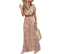 LIUYUYOUGO Damen Kleider Sommer,Böhmisches Langes Kleid Für Frauen Elegantes Paisley-Blumenkleid Mit V-Ausschnitt Langes Rotes Freizeitkleid Gürtel Maxikleid Großer Saum Strand-Boho-Kleid Für M
