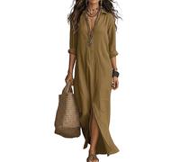 LIUYUYOUGO Damen Kleider Sommer Damen Hemdkleid Aus Baumwoll Leinen Mischgewebe In Übergröße 3/4 Ärmel Maxikleid Lässig Locker Lange Bluse Mit Schlitz Sommerkleid Für Strandurlaub Kaftan Braun XXL