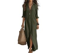 LIUYUYOUGO Damen Kleider Sommer Damen Hemdkleid Aus Baumwoll Leinen Mischgewebe In Übergröße 3/4 Ärmel Maxikleid Lässig Locker Lange Bluse Mit Schlitz Sommerkleid Für Strandurlaub Kaftan Olivg