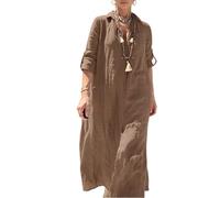 LIUYUYOUGO Damen Kleider Sommer Leinen Maxikleid In Übergröße Für Damen Hochgekrempelte Ärmel Knopfleiste Reverskragen Einfarbig Locker Oversize Sommer Strand Kaftan Khaki Größe S