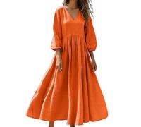 LIUYUYOUGO Damen Kleider Sommer Sommerliches Baumwoll Leinen Kleid Für Damen Lässiges 3/4 Ärmel Maxikleid Mit V Ausschnitt Lockerer Geraffter Taille A Linien Schnitt Tunika Stil Ideal Für Strand