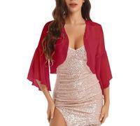 LIUYUYOUGO Damen Strickjacke Damen Bolero Chiffon Cardigan Offen Mit Rüschenärmeln Schulterpolstern Elegantem Lagenlook Transparentem Schalkragen Ideal Für Abendkleider Und Hochzeiten Rot Größe M