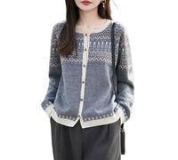 LIUYUYOUGO Damen Strickjacke Damen Cardigans Mit Rundhalsausschnitt Aus 100% Merinowolle Langärmelig Fair Isle Strickpullover Fair Isle Muster Nordisch Aztekisch Jacquard Strickwaren Herbst Dicker