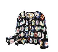 LIUYUYOUGO Damen Strickjacke Damen Vintage Gehäkelter Granny Square Cardigan Pullover Handgemacht Ausgehöhlter Bolero Krawatte Vorne Shrug Crop Top Boho Sommer Leichte Jacke Strickpullover Schwarz