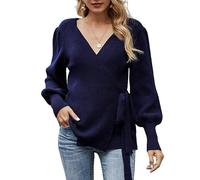 LIUYUYOUGO Damen Strickjacke Wickel Cardigan Zum Binden Für Damen Eleganter Pullover Mit V Ausschnitt Ballonärmel Gerippter Strickpullover Modisches Oberteil Mit Offener Vorderseite Lockerer Damen