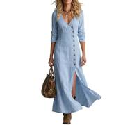 LIUYUYOUGO Elegante Kleider Damen Maxikleid Aus Baumwoll Leinen Langärmelig Geknöpft Kaftan Mit Seitenschlitz Elegantem Figurbetontem V Ausschnitt Strandkleid Im Retro Western Stil Hellblau XXL