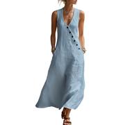 LIUYUYOUGO Elegante Kleider Lässiges Ärmelloses Maxikleid Aus Baumwoll Leinen Mischgewebe Mit V Ausschnitt Knopfleiste Und A Linien Schnitt Fließendem Design Taschen Und Hellblauer Form (Größe