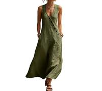 LIUYUYOUGO Elegante Kleider Lässiges Ärmelloses Maxikleid Aus Baumwoll Leinen Mischgewebe Mit V Ausschnitt Knopfleiste Und A Linien Schnitt Fließendem Design Taschen Und Leichten Taschen - EIN L