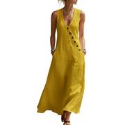 LIUYUYOUGO Elegante Kleider Lässiges Ärmelloses Maxikleid Aus Baumwoll Leinen Mischgewebe Mit V Ausschnitt Knopfleiste Und A Linien Schnitt Fließendem Design Taschen Und Leichten Taschen Gelb Gr