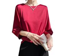 LIUYUYOUGO Elegante Oberteile Damen Damen Luxus Satin Bluse V Ausschnitt Plissee 3/4 Ärmel Tops Elegant Business Glatte Glänzende Seide Hemden Lässig Locker Pullover Tunika Tops Büro Arbeitsoutf