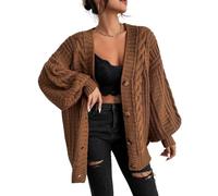 LIUYUYOUGO Grobe Strickjacken Für Damen In Übergröße Lange Strickjacke Mit Zopfmuster Vorne Offen Ballonärmel Damen Pullover (DE/NL/SE/PL, Alphanumerisch, Einheitsgröße, Regular, Regular, Coffee)