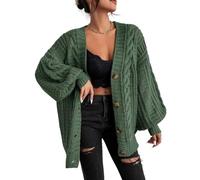 LIUYUYOUGO Grobe Strickjacken Für Damen In Übergröße Lange Strickjacke Mit Zopfmuster Vorne Offen Ballonärmel Damen Pullover (DE/NL/SE/PL, Alphanumerisch, Einheitsgröße, Regular, Regular, Dark Green)