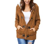 LIUYUYOUGO Grobe Strickjacken Mit Kapuze Für Damen Grau Mit Zopfmuster Fleece Gefüttert Strickjacken Offene Vorderseite Hornschnalle Damenpullover Mantel Warme Winterjacke Strickpullover Oberbekle
