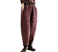 LIUYUYOUGO Hosen Damen, Cordhose Mit Weitem Bein Für Damen Baumwolle Hippie Baggy Haremshose Winterhose Mit Fleecefutter Vintage Jogginghose Mit Spleißtaschen Thermo Freizeithose Unterteil Lila M