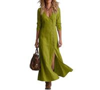 LIUYUYOUGO Kleider Damen Sommer Damen Maxikleid Aus Baumwoll Leinen Langärmelig Geknöpft Kaftan Mit Seitenschlitz Elegantem Figurbetontem V Ausschnitt Strandkleid Im Retro Western Stil Olivgrün G