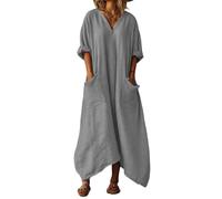 LIUYUYOUGO Kleider Damen Sommer Damen Maxikleid Aus Baumwoll Leinen Mit V Ausschnitt Oversize Schnitt 3/4 Ärmeln Asymmetrischem Saum Kaftan Design Mit Taschen Ideal Für Strand Und Urlaub Im Boho S